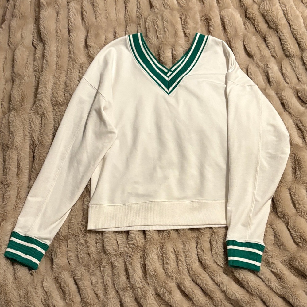 White and Green V-Neck Sweater